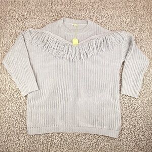 JODIFL Women’s Fringe Knit Sweater Light Gray Pullover Western Boho NWT Size M